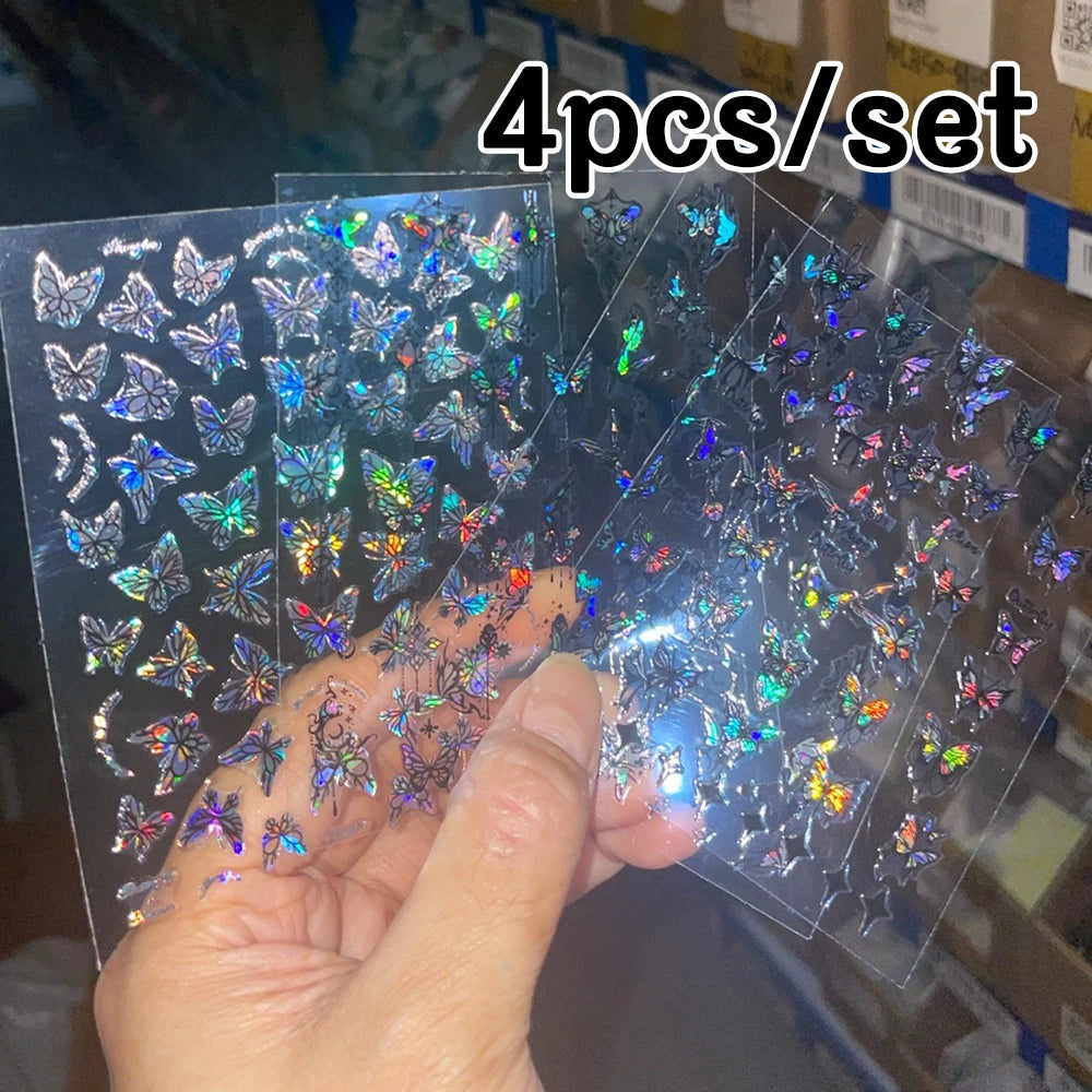 4Pcs/Set Laser Black Butterfly Stickers Holographic Butterflies Star Jewelry Design Decals 3D Self-Adhesive Slider Nails Decora*