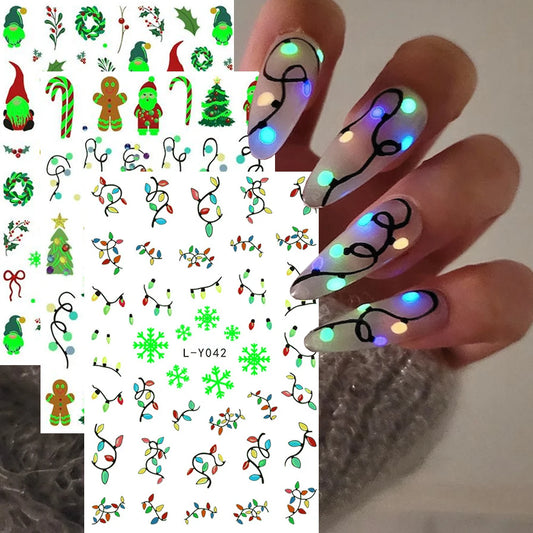 1pcs Luminous Light Bulbs Design Nail Art Stickers 3D Christmas Tree Snowflakes Noctilucent Lanterns Nail Decals DIY Winter Nail