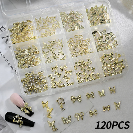 Gold Bow Butterfly Metal Nail Charms 120pc