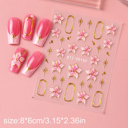 2pcs Embossed Hibiscus Flower Nail Art Sticker Pink Flower With Golden Metal Ring Charm Self-Adhesive Decals Manicure Decoration