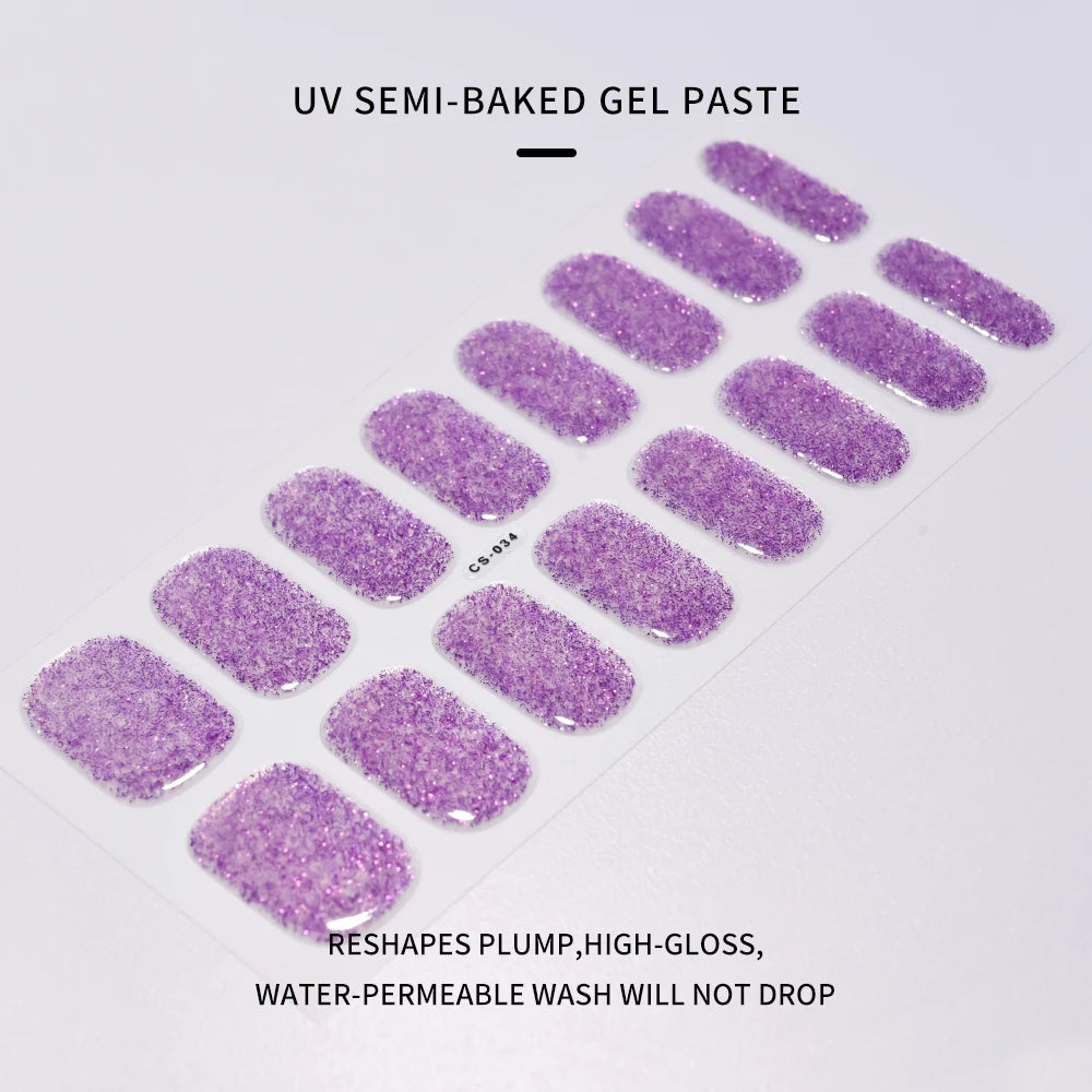 16Tips Glitter Semi-Cured Gel UV Sticker 3D French Gradient Shiny Glitter Powder UV Gel Sticker Full Cover UV Lamp Glitter Decal