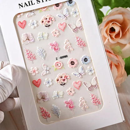 1pc 5D Embossed Flowers leaves Design Nail Art Stickers,Nails Art Decals Self Adhesive Nail Sticker Supplies for Women and Girls