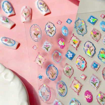 Colorful Floral Nail Art Sticker Summer Garden Motifs Juicy Flower Petals Dimensional Botanical Patterns Adhesive Manicure Decal