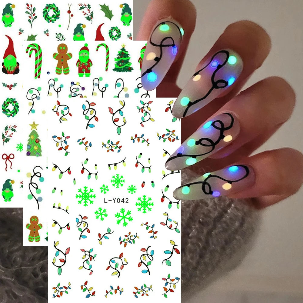 1pcs Luminous Light Bulbs Design Nail Art Stickers 3D Christmas Tree Snowflakes Noctilucent Lanterns Nail Decals DIY Winter Nail