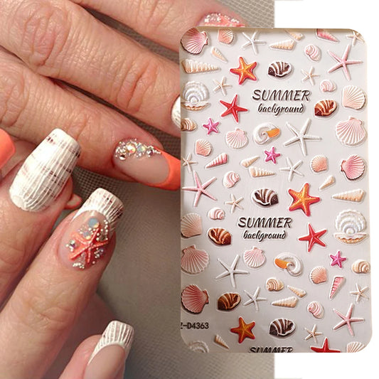 5D Sea Nail Art Stickers Embossed Self-Adhesive Ocean Beach Style Nail Slider Kawaii Starfish/Shell/Coral Reef Decor Nail Decals