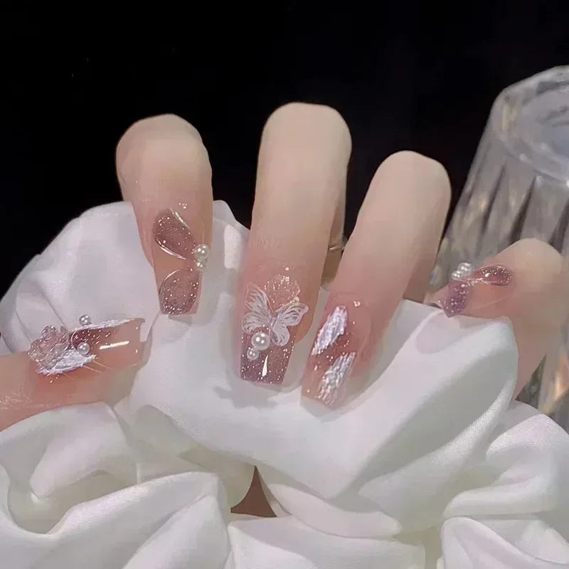 Butterfly Camellia Pearl Press-On Nails
