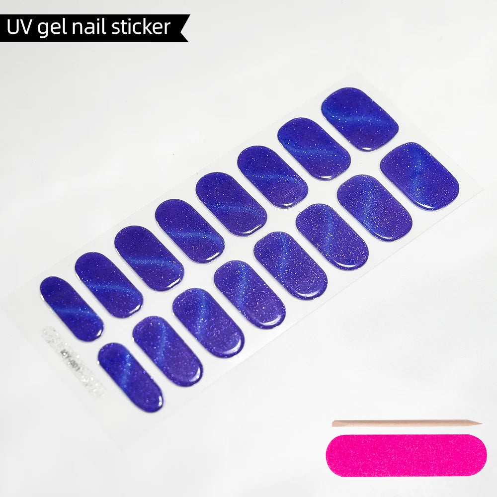 Green Cat Eyes Semi Cured Gel Nail Stickers 16Tips Pure Color Fine Flash Full Cover Nail Slider UV/LED  Baking  Lamp Gel Sticker