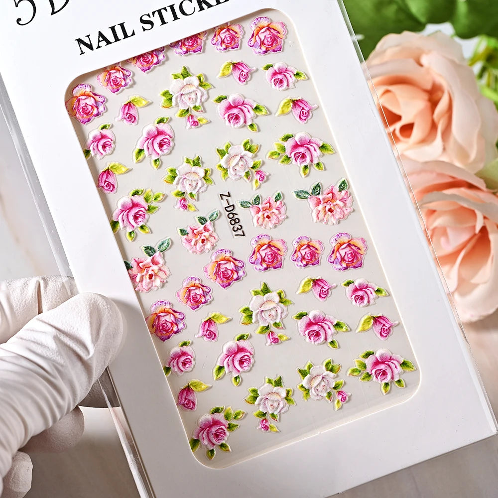 1pc 5D Embossed Flowers leaves Design Nail Art Stickers,Nails Art Decals Self Adhesive Nail Sticker Supplies for Women and Girls