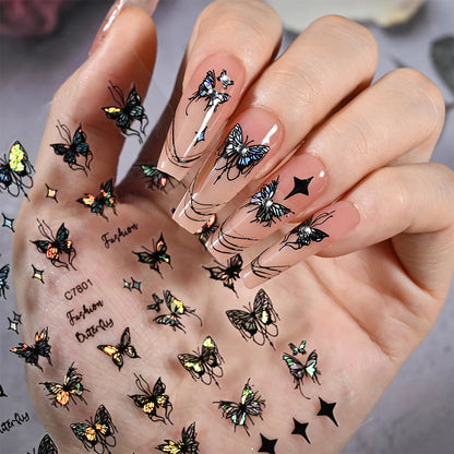 4Pcs/Set Laser Black Butterfly Stickers Holographic Butterflies Star Jewelry Design Decals 3D Self-Adhesive Slider Nails Decora*
