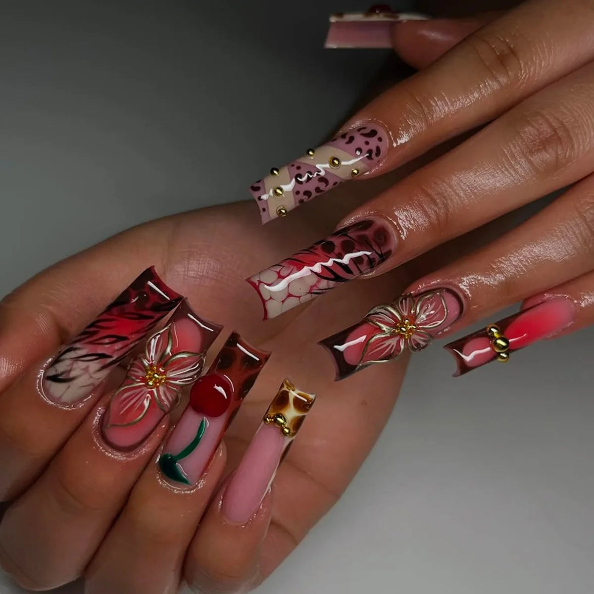 Leopard Cherry Rhinestone Press-On Nails
