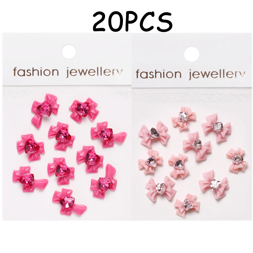 30/20/10PC Pink Ribbon Resin Bow Parts Nail Charms Mix-Style Bow Rhinestone Jewelry 8-12mm Y2K Accessory for DIY Manicure Decora