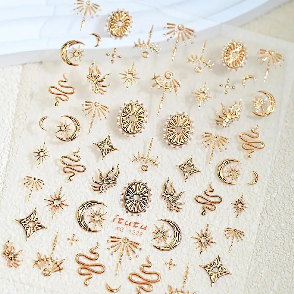 Gold Silver Snake Stars Nail Stickers for Nail Decoation Decals 5D Self-Adhesive Bronzing Stars Moon Totem DIY Supplies 2030