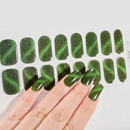 Green Cat Eyes Semi Cured Gel Nail Stickers 16Tips Pure Color Fine Flash Full Cover Nail Slider UV/LED  Baking  Lamp Gel Sticker