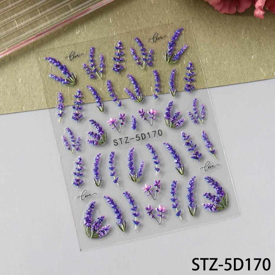 5D Embossed Lavender Flower Nail Stickers 2pc