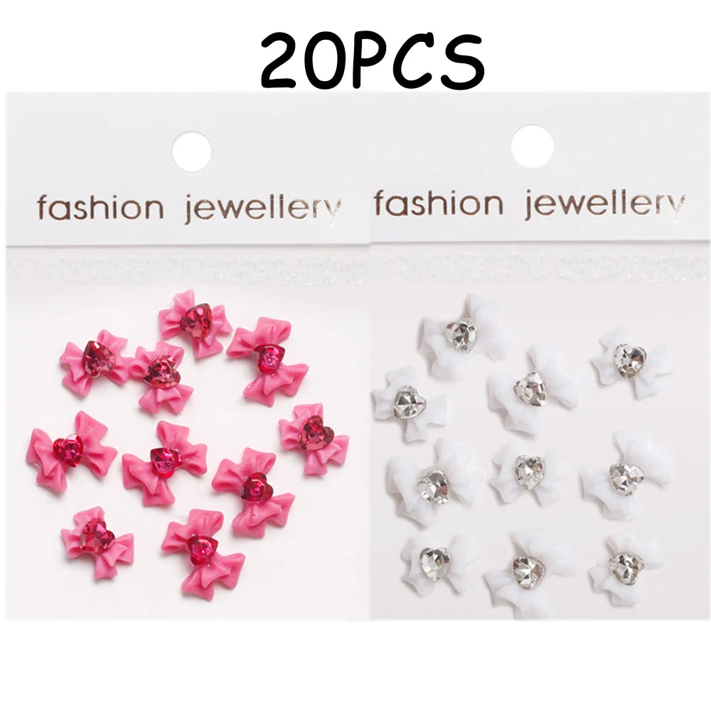 30/20/10PC Pink Ribbon Resin Bow Parts Nail Charms Mix-Style Bow Rhinestone Jewelry 8-12mm Y2K Accessory for DIY Manicure Decora