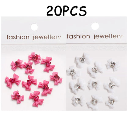 30/20/10PC Pink Ribbon Resin Bow Parts Nail Charms Mix-Style Bow Rhinestone Jewelry 8-12mm Y2K Accessory for DIY Manicure Decora