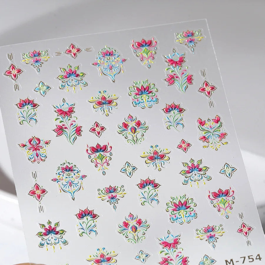Colorful Floral Nail Art Sticker Summer Garden Motifs Juicy Flower Petals Dimensional Botanical Patterns Adhesive Manicure Decal