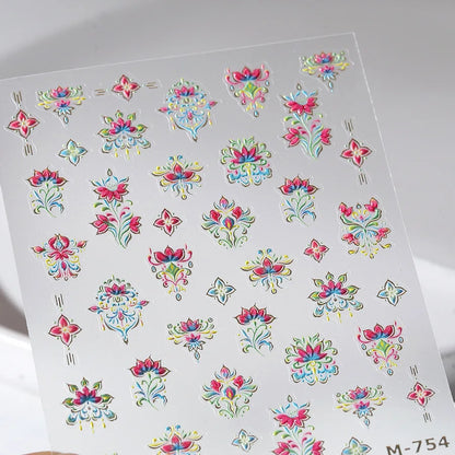 Colorful Floral Nail Art Sticker Summer Garden Motifs Juicy Flower Petals Dimensional Botanical Patterns Adhesive Manicure Decal