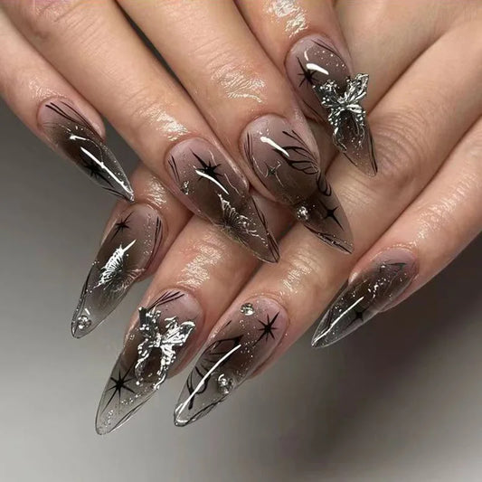 Goth Spike Silver Bow Press-On Nails
