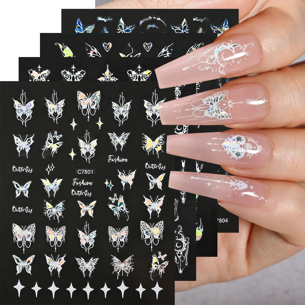 4Pcs/Set Laser Black Butterfly Stickers Holographic Butterflies Star Jewelry Design Decals 3D Self-Adhesive Slider Nails Decora*