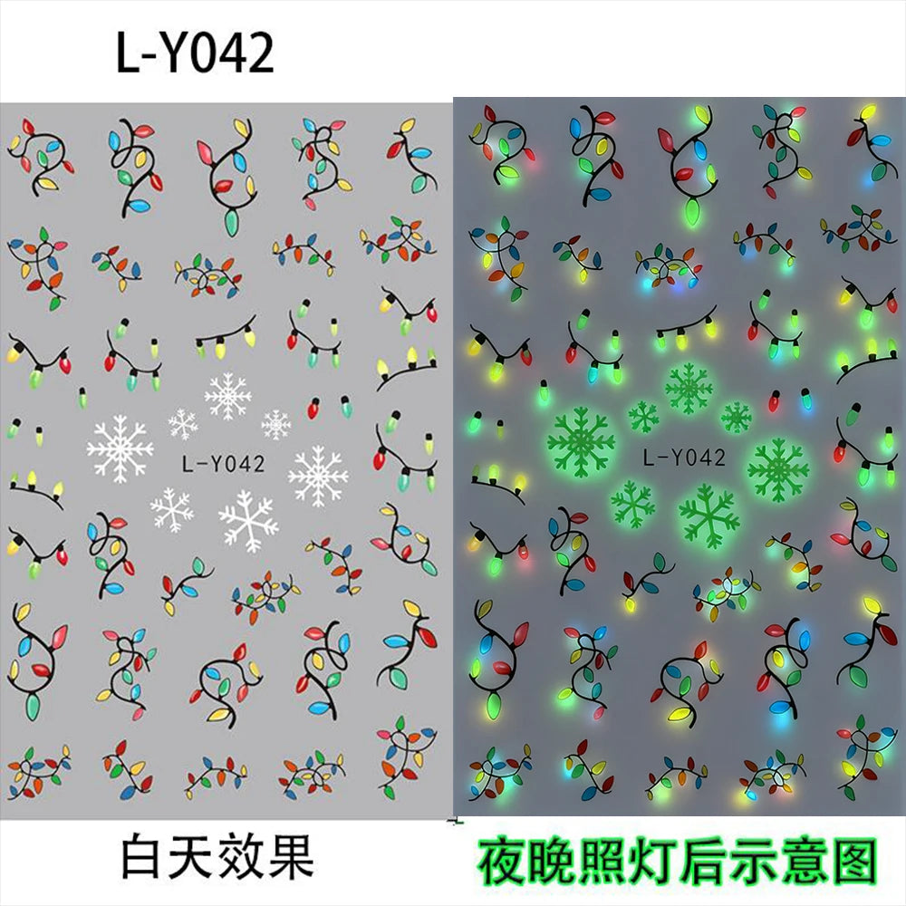 1pcs Luminous Light Bulbs Design Nail Art Stickers 3D Christmas Tree Snowflakes Noctilucent Lanterns Nail Decals DIY Winter Nail
