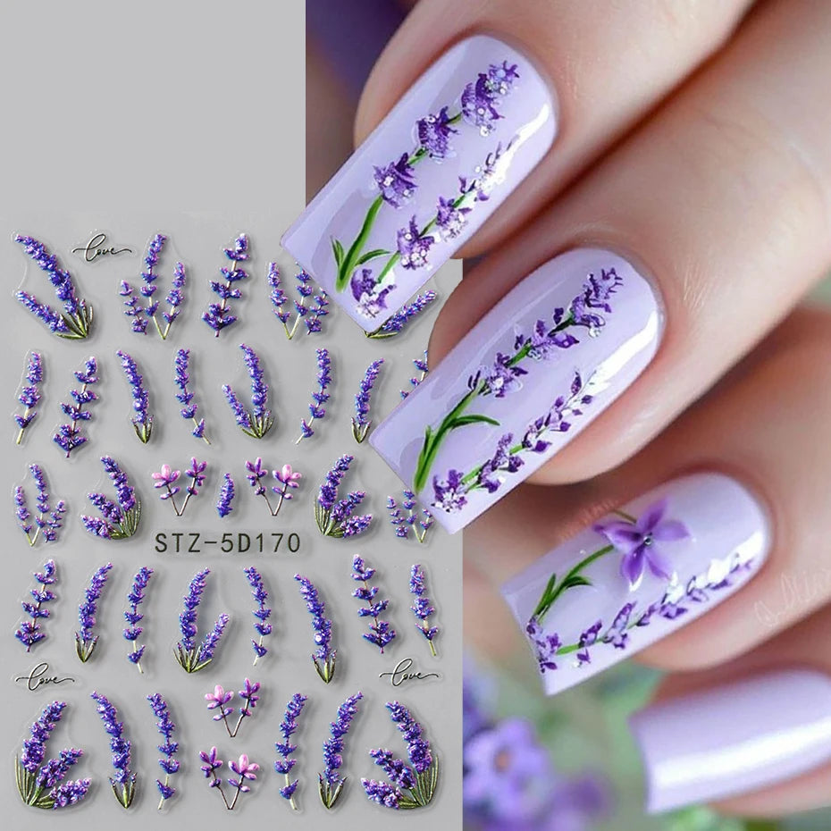 5D Embossed Lavender Flower Nail Stickers 2pc