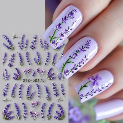 5D Embossed Lavender Flower Nail Stickers 2pc