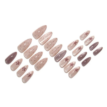 24pcs Press-On Nails Brown Cat-Eye Star and Polka Dot Long Almond-Shaped Fake Nails—Perfect for Women and Everyday Use