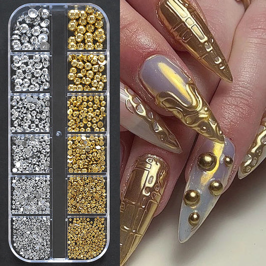 Gold Silver Pearl Caviar Nail Rhinestones