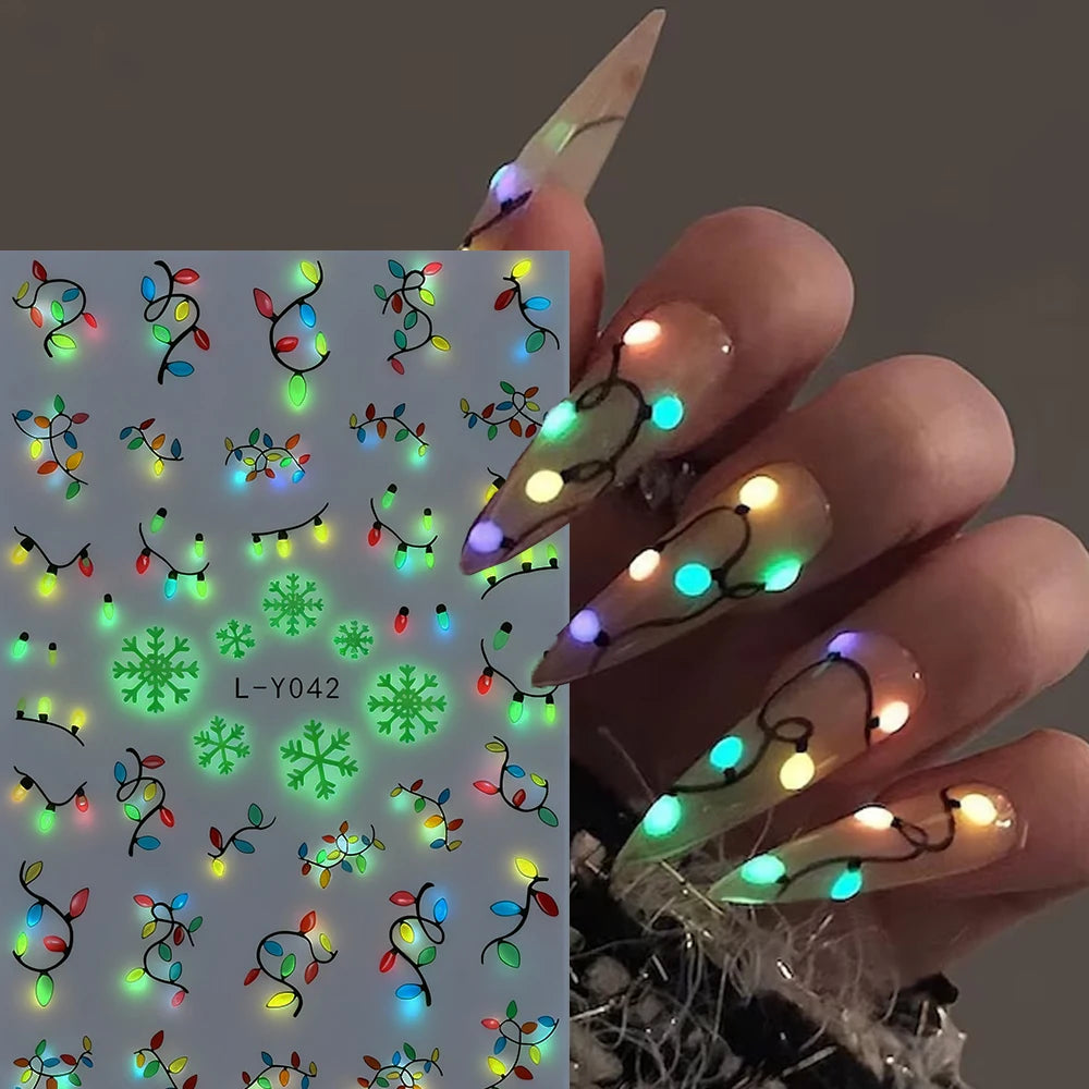 1pcs Luminous Light Bulbs Design Nail Art Stickers 3D Christmas Tree Snowflakes Noctilucent Lanterns Nail Decals DIY Winter Nail