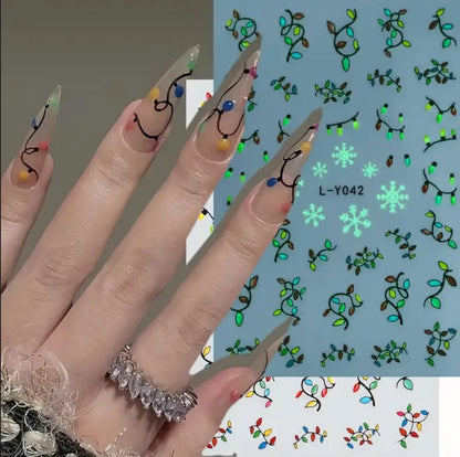 1pcs Luminous Light Bulbs Design Nail Art Stickers 3D Christmas Tree Snowflakes Noctilucent Lanterns Nail Decals DIY Winter Nail