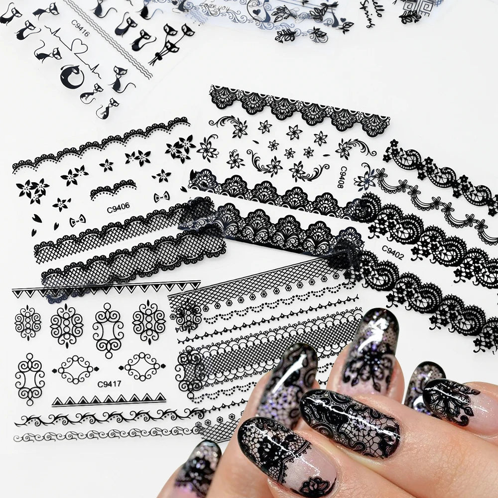 30pcs/Set Black Lace Nail Stickers Sexy Kitten Penguin Cute Animals Nail Art Stickers 6.3*5.3 Cm DIY Wedding Nail Decoration