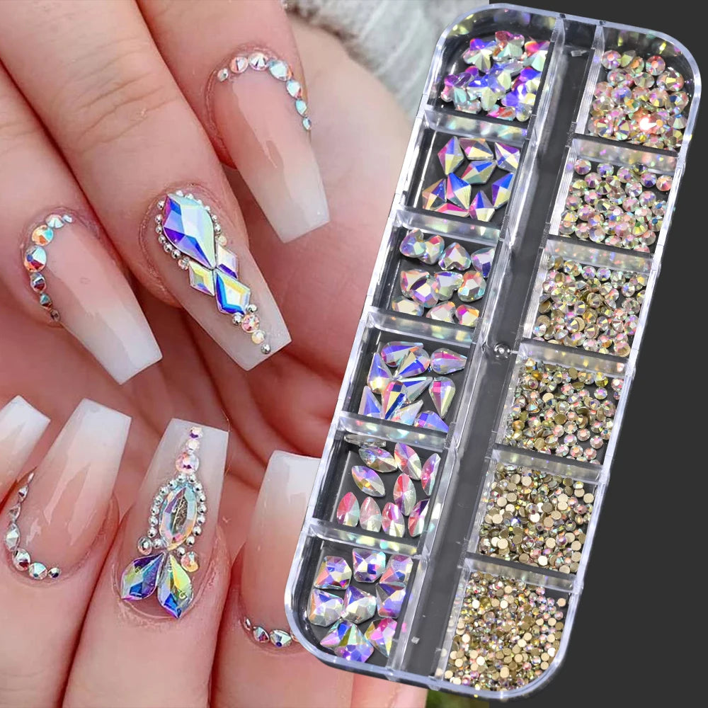Crystal AB Rhinestone Nail Art Kit 12 Grid