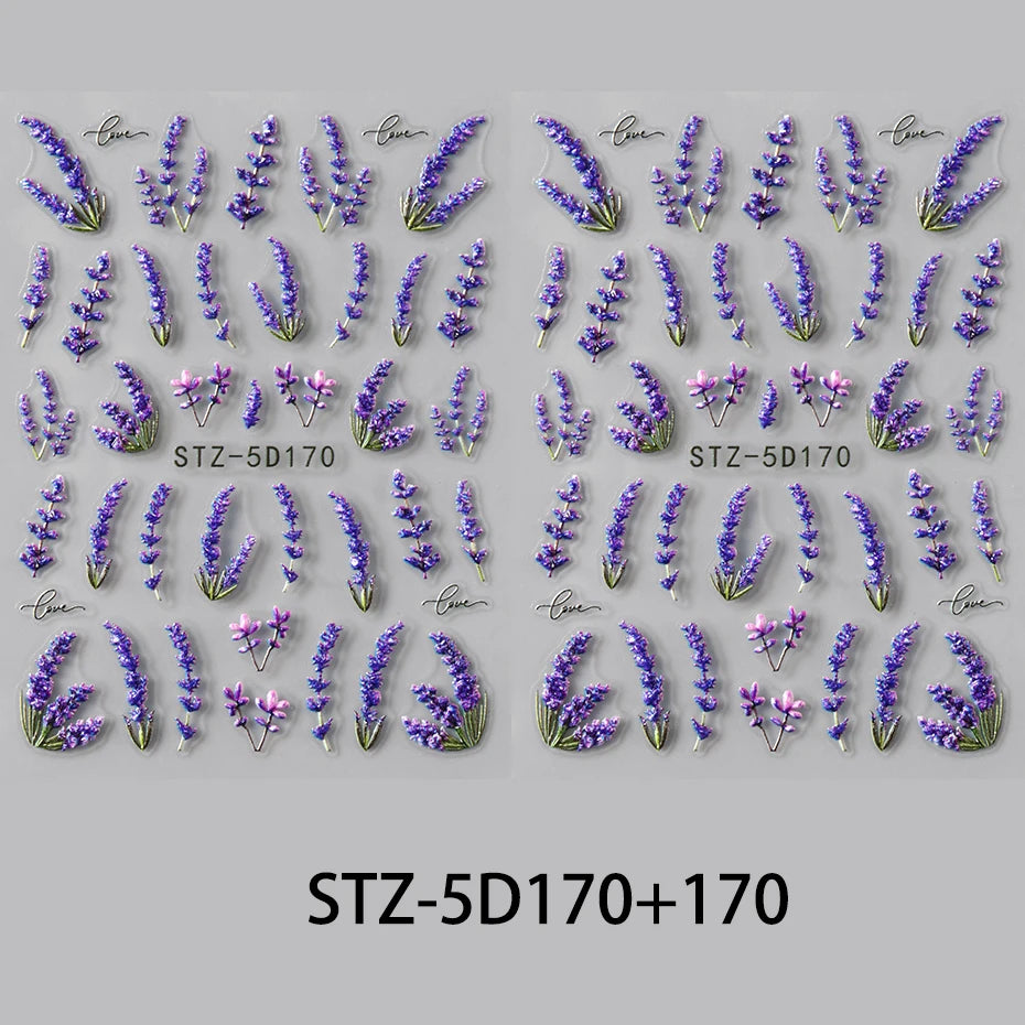 5D Embossed Lavender Flower Nail Stickers 2pc