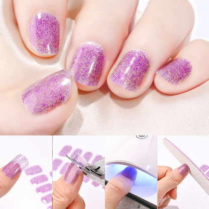16Tips Glitter Semi-Cured Gel UV Sticker 3D French Gradient Shiny Glitter Powder UV Gel Sticker Full Cover UV Lamp Glitter Decal