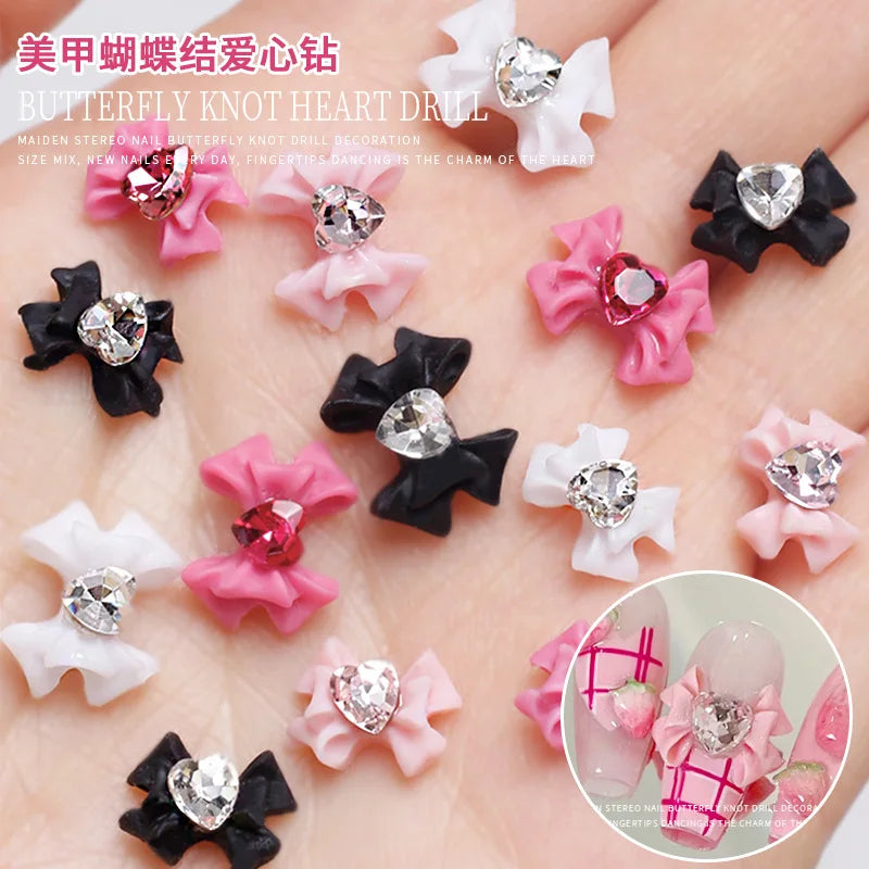 30/20/10PC Pink Ribbon Resin Bow Parts Nail Charms Mix-Style Bow Rhinestone Jewelry 8-12mm Y2K Accessory for DIY Manicure Decora