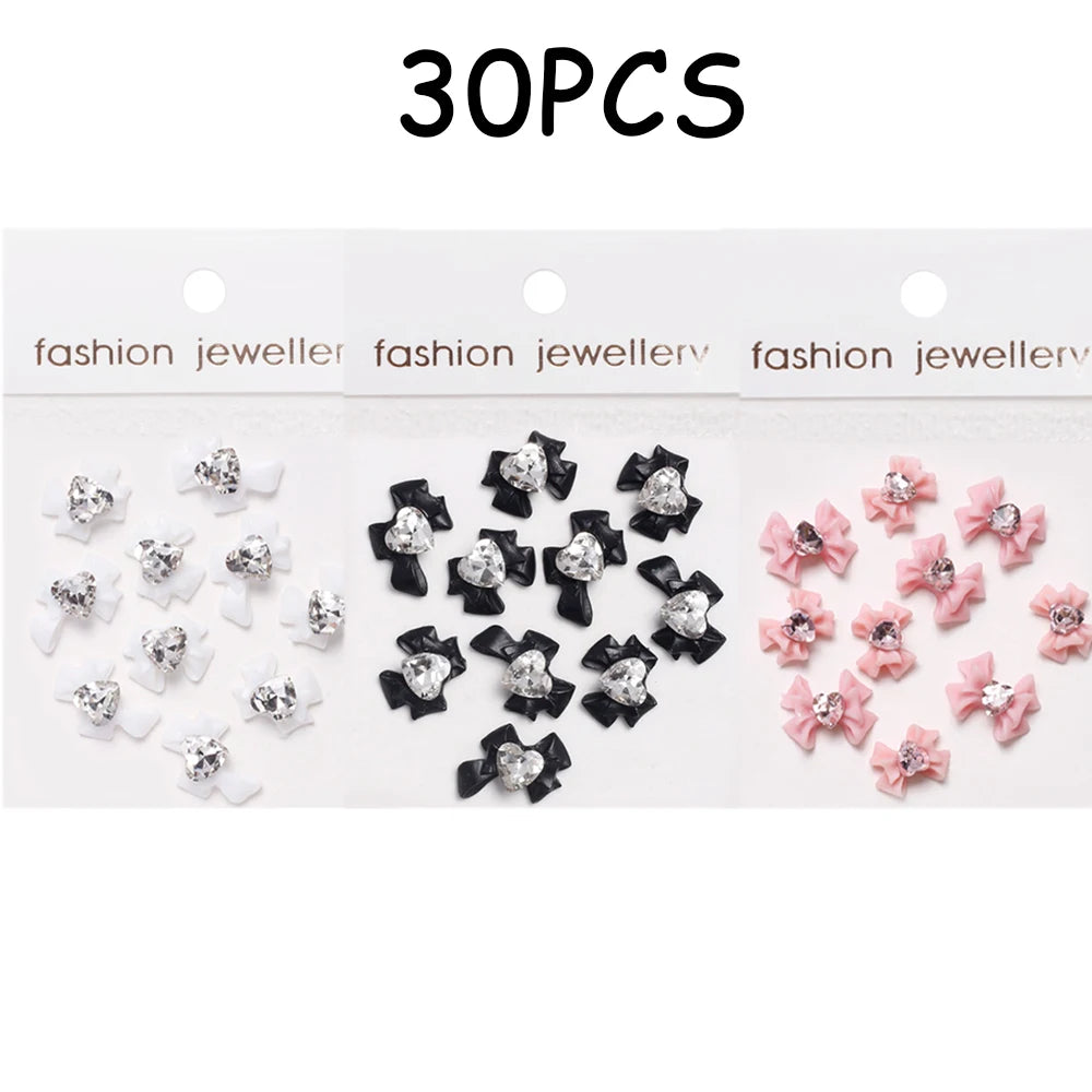 30/20/10PC Pink Ribbon Resin Bow Parts Nail Charms Mix-Style Bow Rhinestone Jewelry 8-12mm Y2K Accessory for DIY Manicure Decora