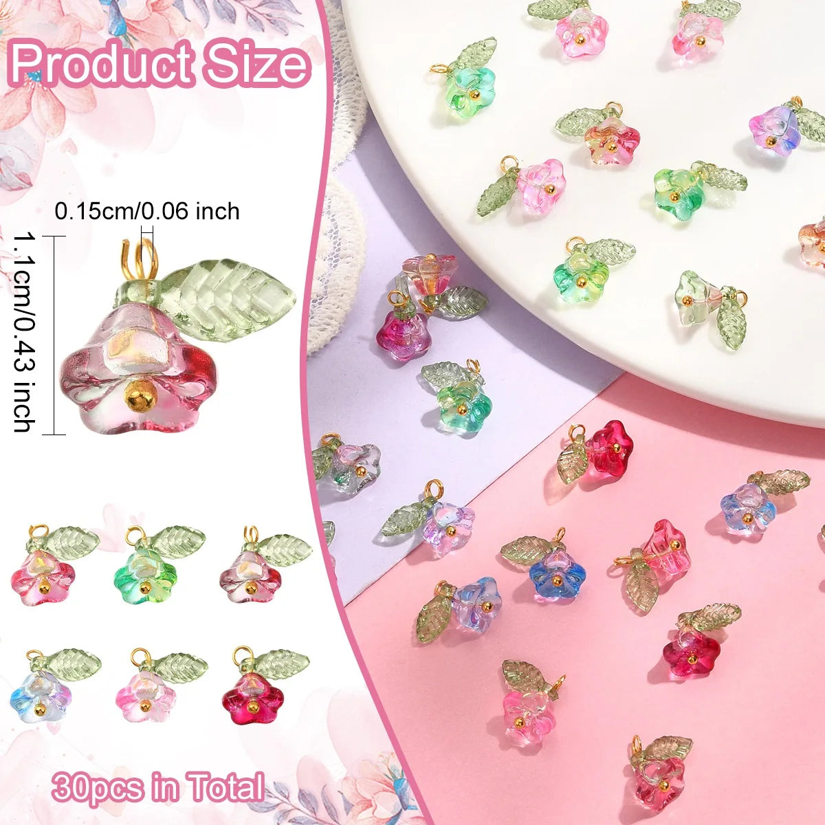 Glass Flower Pendant Charms for Jewelry 30pc