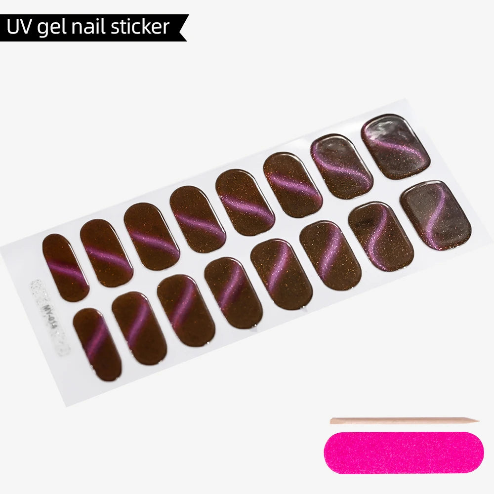 Green Cat Eyes Semi Cured Gel Nail Stickers 16Tips Pure Color Fine Flash Full Cover Nail Slider UV/LED  Baking  Lamp Gel Sticker