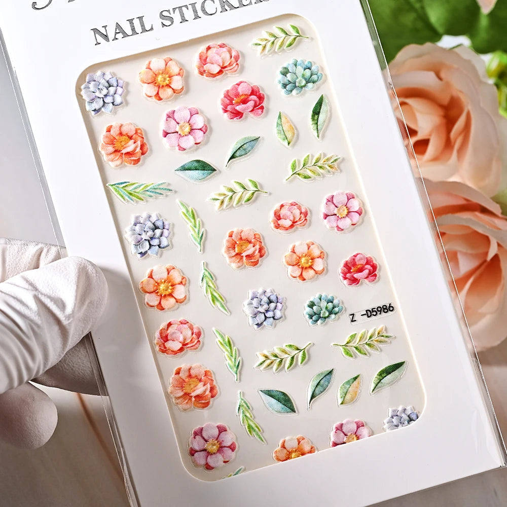 1pc 5D Embossed Flowers leaves Design Nail Art Stickers,Nails Art Decals Self Adhesive Nail Sticker Supplies for Women and Girls