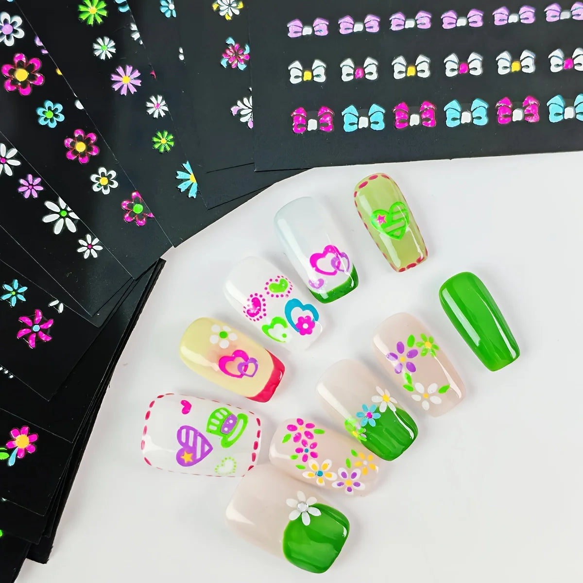 30 Sheets 3D Glow in The Dark Neon Nail Stickers - Glittery Glossy Self-Adhesive Nail Art Decorations with Butterfly, Love Heart