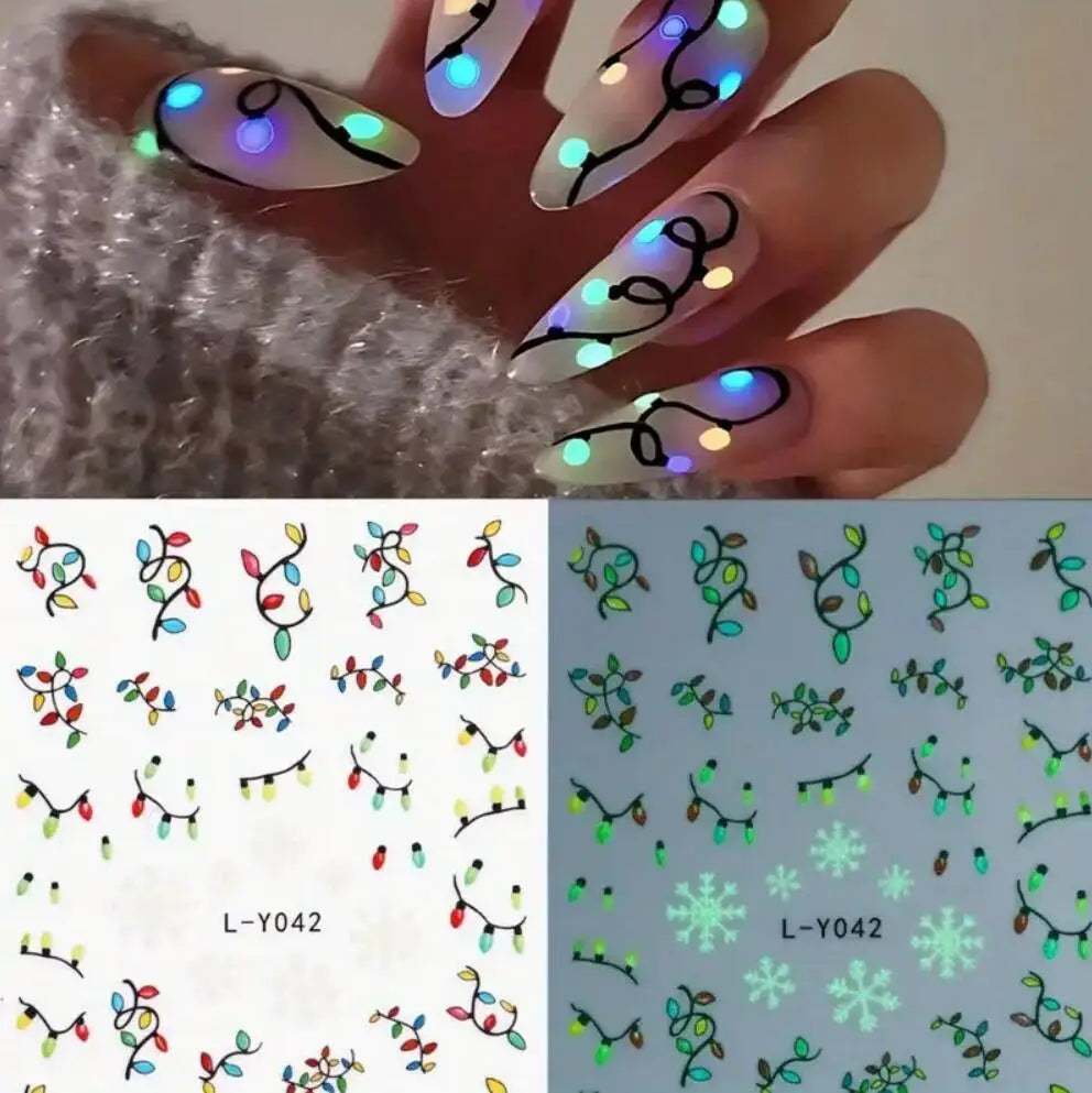 1pcs Luminous Light Bulbs Design Nail Art Stickers 3D Christmas Tree Snowflakes Noctilucent Lanterns Nail Decals DIY Winter Nail