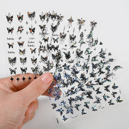 4Pcs/Set Laser Black Butterfly Stickers Holographic Butterflies Star Jewelry Design Decals 3D Self-Adhesive Slider Nails Decora*