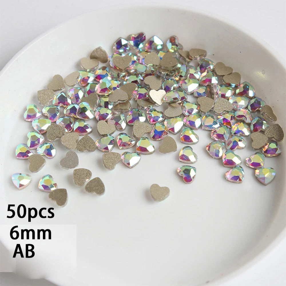 6mm Light Pink Heart Rhinestone 3D Nail Art Charms 50Pcs Flat-Back Crystal Manicure Accessory DIY Love Gems Stone Nail Decor*YK9