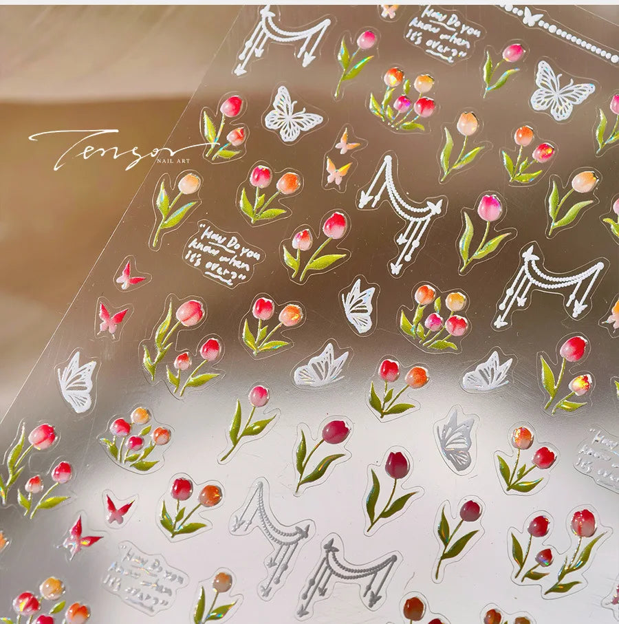 Colorful Floral Nail Art Sticker Summer Garden Motifs Juicy Flower Petals Dimensional Botanical Patterns Adhesive Manicure Decal
