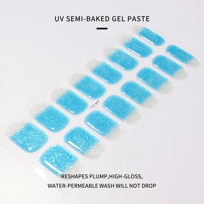 16Tips Glitter Semi-Cured Gel UV Sticker 3D French Gradient Shiny Glitter Powder UV Gel Sticker Full Cover UV Lamp Glitter Decal