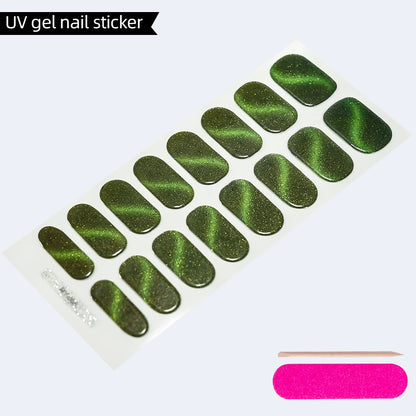 Green Cat Eyes Semi Cured Gel Nail Stickers 16Tips Pure Color Fine Flash Full Cover Nail Slider UV/LED  Baking  Lamp Gel Sticker