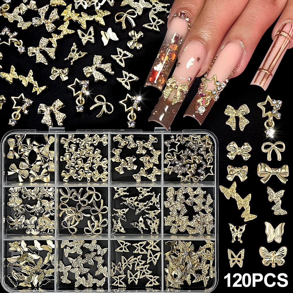 Gold Bow Butterfly Metal Nail Charms 120pc