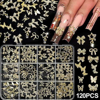 Gold Bow Butterfly Metal Nail Charms 120pc