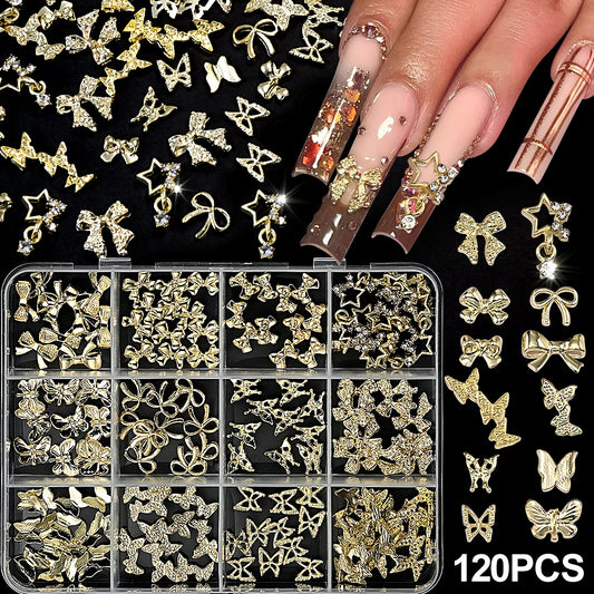 Gold Bow Butterfly Metal Nail Charms 120pc